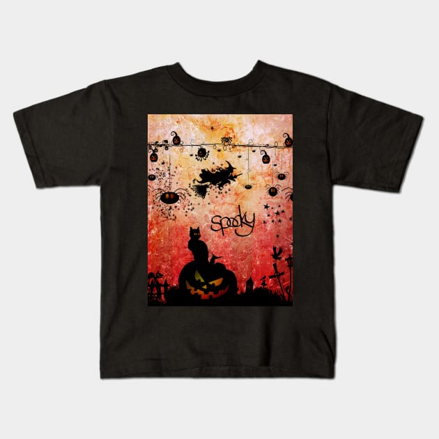 Funny halloween design, cat, pumpkin and witch Kids T-Shirt by Nicky2342